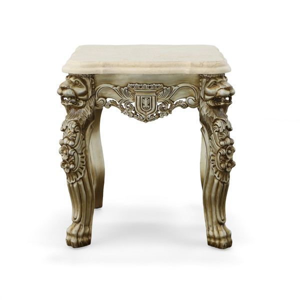 Platine Lion Side Table Hand Carved Mahogany With Creama Marfil Marble Top 26 Inch Tall 12021175 By AFD