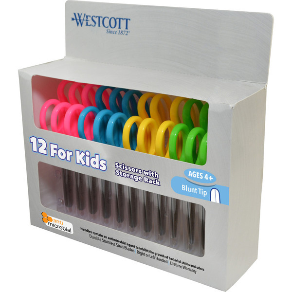 Westcott Kids Blunt 5" Scissors With Storage Rack, Anti-Microbial Protection, Assorted Colors, Set Of 12 ACM14871