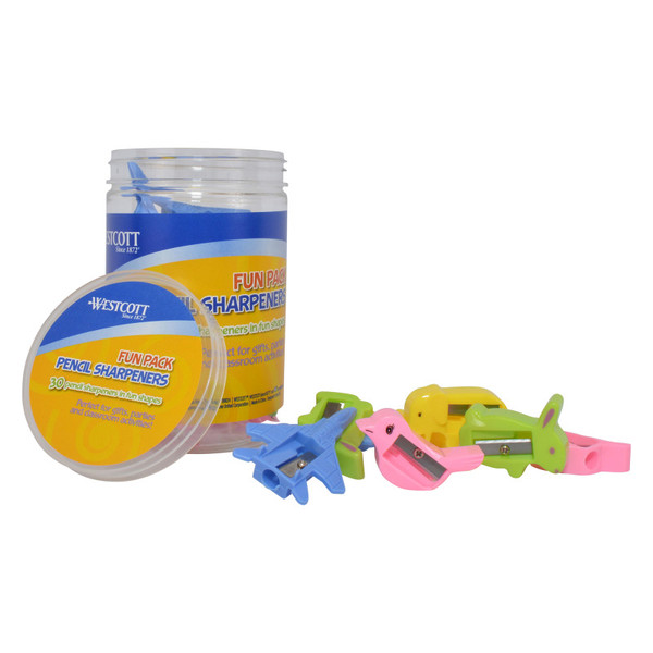 Westcott Manual Pencil Sharpeners Fun Pack, Assorted Shapes, 30 Count ACM17796