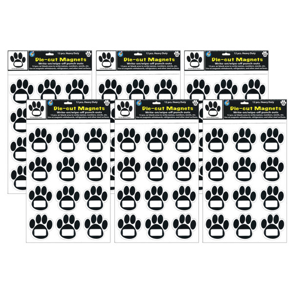 Ashley Die-Cut Magnetic Black Paw Prints, 12 Per Pack, 6 Packs ASH10104-6