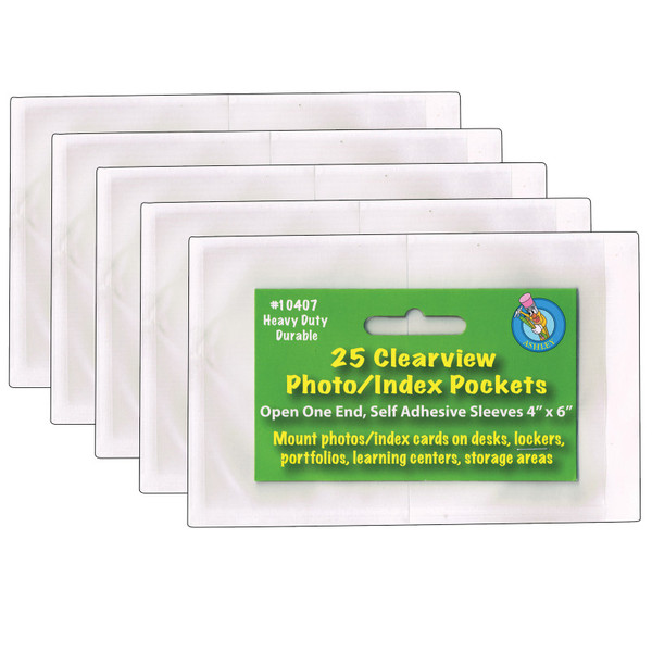 Ashley Clear View Self-Adhesive Photo/Index Card Pocket 4" X 6", 25 Per Pack, 5 Packs ASH10407-5