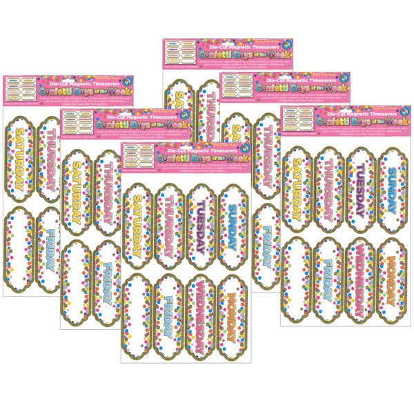 Ashley Magnetic Die-Cut Timesavers & Labels, Confetti Days Of The Week, 8 Per Pack, 6 Packs ASH19006-6
