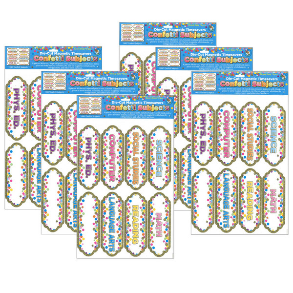 Ashley Magnetic Die-Cut Timesavers & Labels, Confetti Classroom Subjects, 8 Per Pack, 6 Packs ASH19007-6