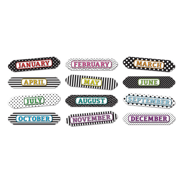 Ashley Magnetic Die-Cut Timesavers & Labels, Months Of The Year, Black And White Assorted Patterns, 12 Pieces ASH19026
