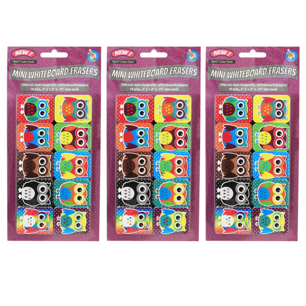 Ashley Non-Magnetic Mini Whiteboard Erasers, Color Owls, 10 Per Pack, 3 Packs ASH78007-3