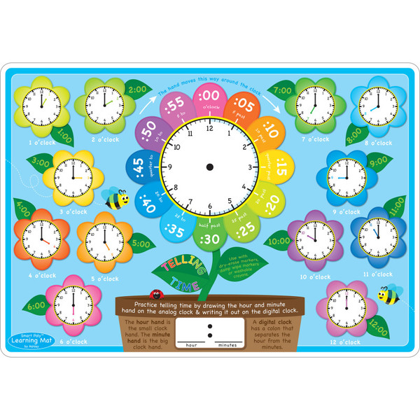 Ashley Smart Poly Learning Mat, 12" X 17", Double-Sided, Telling Time ASH95018