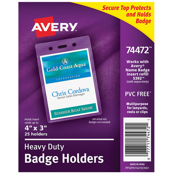 Avery Heavy-Duty Badge Holders, Portrait, 4" X 3", 25 Holders AVE74472