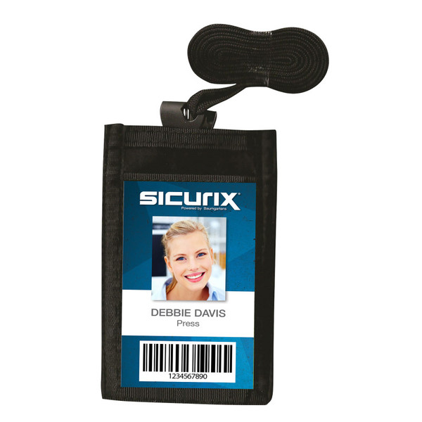 Sicurix Id Neck Pouch Badge Holder, Vertical, Adjustable Cord, 4" X 2-1/4" Insert, Black BAU55120