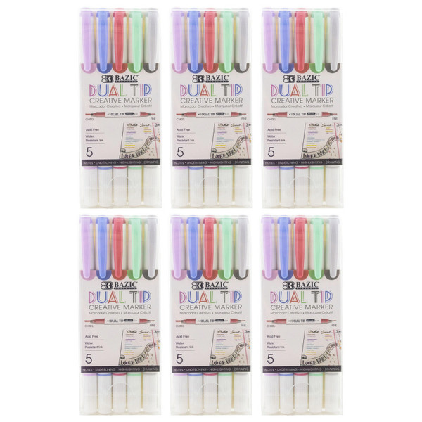 Bazic Dual-Tip Creative Markers, 5 Per Pack, 6 Packs BAZ1214-6