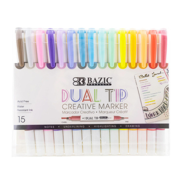 Bazic Dual-Tip Creative Markers, 15 Colors BAZ1215