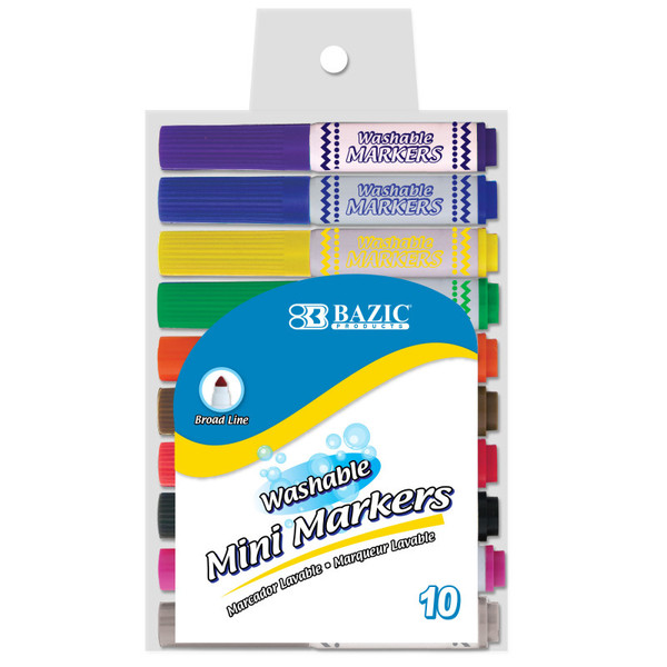 Bazic Washable Markers, Mini Broad Line, 10 Colors BAZ1220