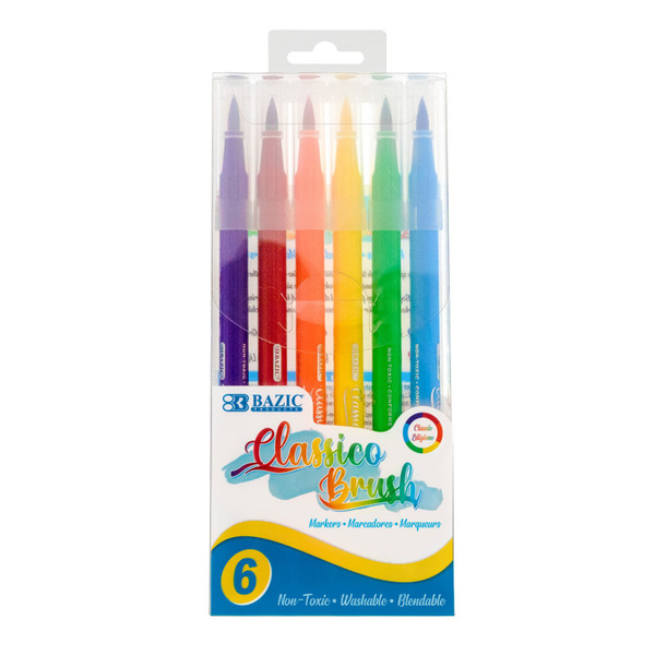 Bazic Washable Brush Markers, 6 Classic Colors BAZ1276