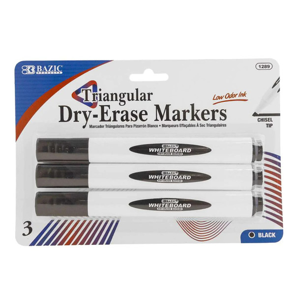 Bazic Triangle Dry-Erase Markers, Chisel Tip, Black, Pack Of 3 BAZ1289