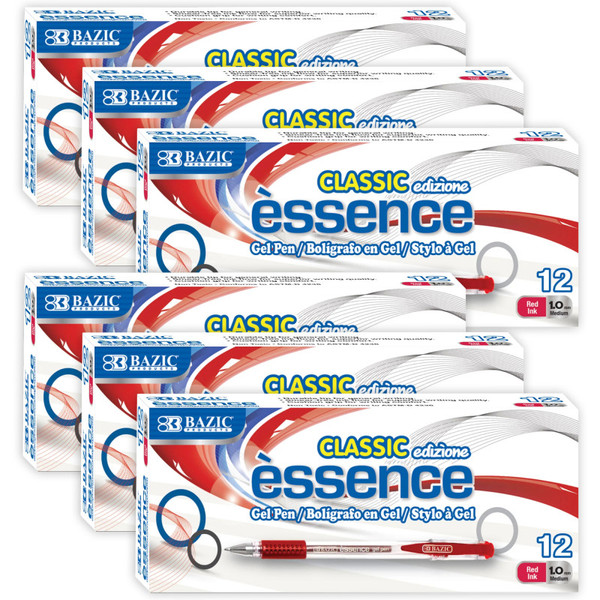 Bazic Essence Gel Pen With Cushion Grip, Red, 12 Per Box, 6 Boxes BAZ17089-6