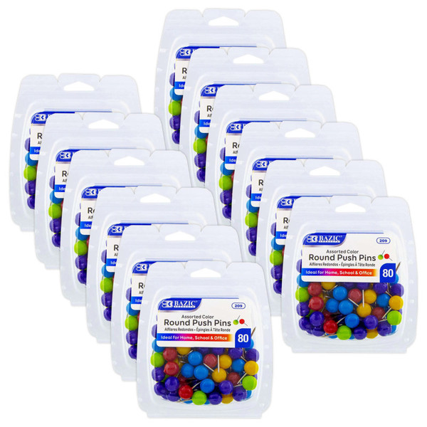 Bazic Round Push Pins, Assorted Color, 80 Per Pack, 12 Packs BAZ209-12