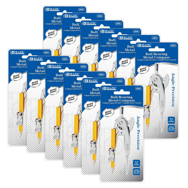 Bazic Metal Ball Bearing Compass With #2 Wood Pencil, Pack Of 12 BAZ2805-12