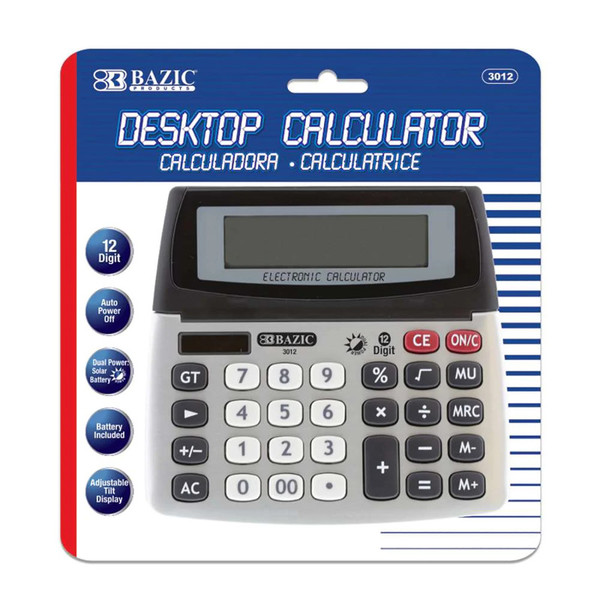 Bazic 12-Digit Dual Power Desktop Calculator With Adjustable Display BAZ3012