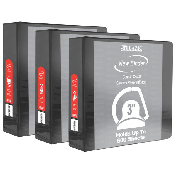 Bazic Slant D Ring View Binder With 2 Pockets, 3", Black, Pack Of 3 BAZ3174-3