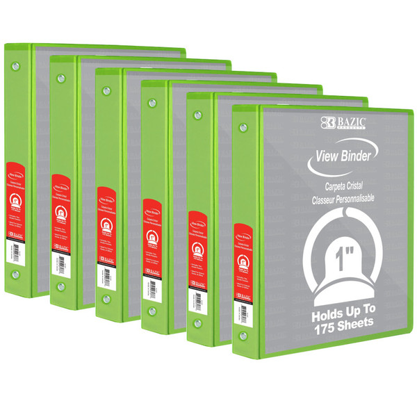 Bazic 3-Ring View Binder With 2 Pockets, 1", Lime Green, Pack Of 6 BAZ4124-6