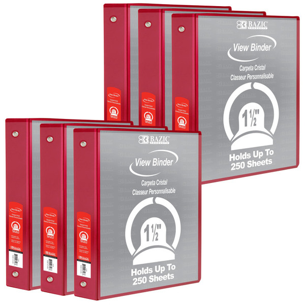 Bazic 3-Ring View Binder With 2 Pockets, 1.5", Red, Pack Of 6 BAZ4143-6