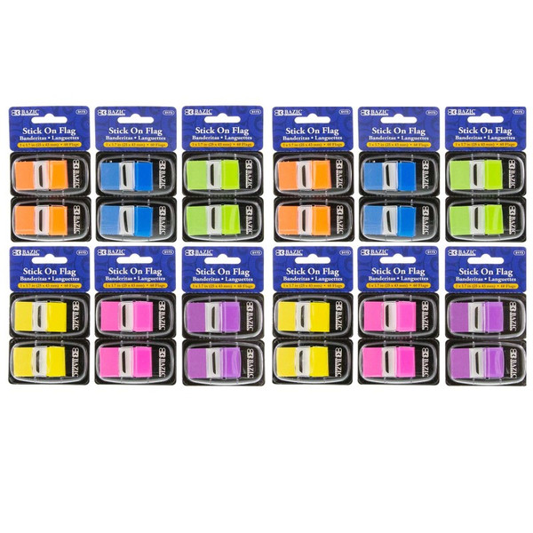 Bazic Assorted Neon Color Standard Flags With Dispenser, 60 Per Pack, 12 Packs BAZ5173-12