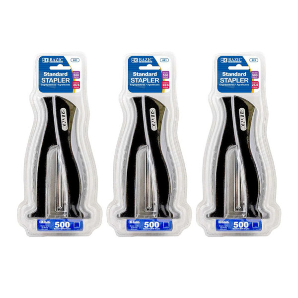 Bazic Stand-Up Standard (26/6) Full Strip Stapler With 500 Staples, Pack Of 3 BAZ621-3