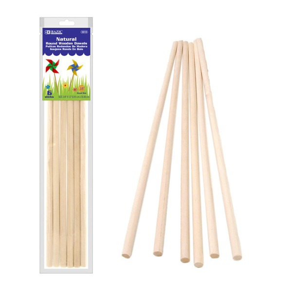Bazic Round Natural Wooden Dowel, 3/8" X 12", Pack Of 6 BAZ6810