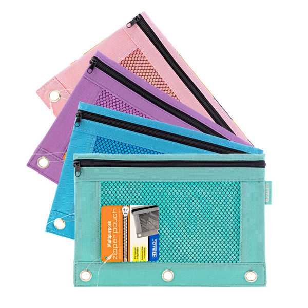 Bazic 3-Ring Pencil Pouch With Mesh Window, Retro Pastel Colors, Pack Of 4 BAZ810-4