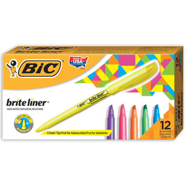 Bic Brite Liner Highlighters Markers, Assorted Colors, Chisel Tip, 12-Count Pack BICBL11AST
