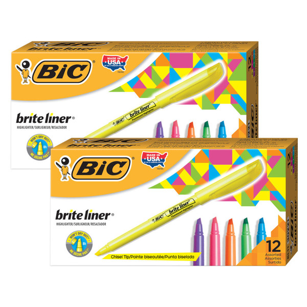Bic Brite Liner Highlighters Markers, Assorted Colors, Chisel Tip, 12 Per Pack, 2 Packs BICBL11AST-2