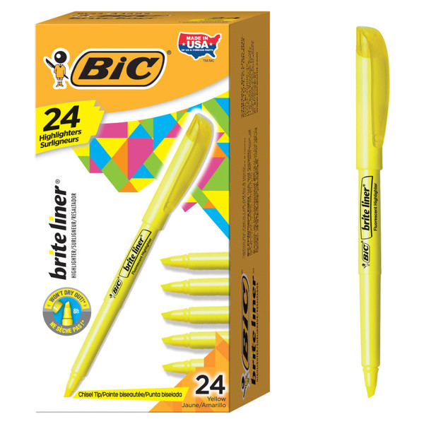 Bic Brite Liner Highlighters Markers, Chisel Tip Super Bright Yellow Fluorescent Highlighters Ink, Won'T Dry Out, 24-Count Pack BICBL241YEL