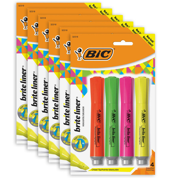 Bic Brite Liner Grip Tank Highlighter, Chisel Tip, Assorted Colors, 4 Per Pack, 6 Packs BICBLMGP41ASST-6