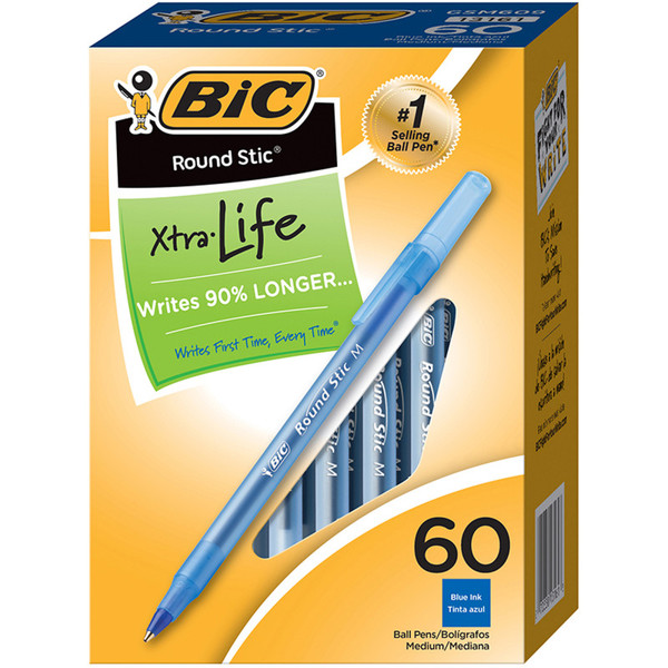 Bic Round Stic Xtra Life Ball Pen, Blue, Pack Of 60 BICGSM609BE