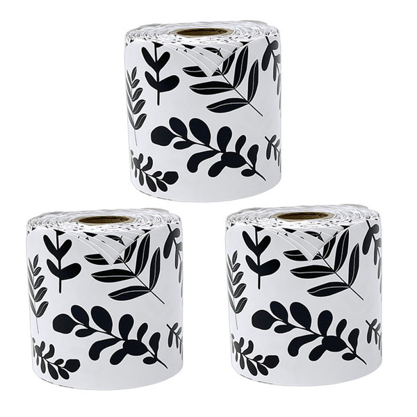 Carson White With Black Leaves Rolled Scalloped Borders, 65 Feet Per Roll, Pack Of 3 CD-108497-3