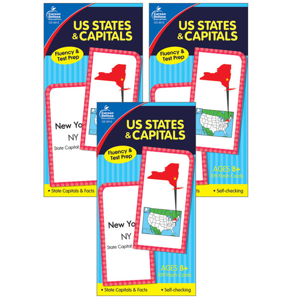 Carson U.S. States & Capitals Flash Cards, Grade 3-5, Pack Of 3 CD-3913-3