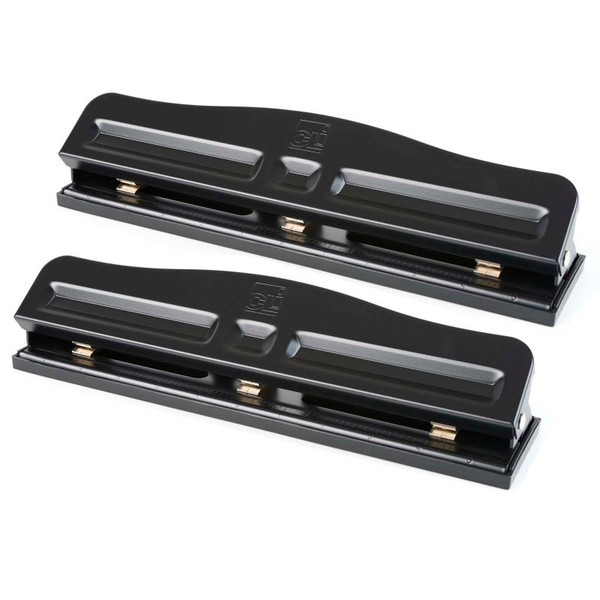 Charles 3-Hole Paper Punch, Adjustable Holes, 12 Sheet Capacity, Black, Pack Of 2 CHL033-2