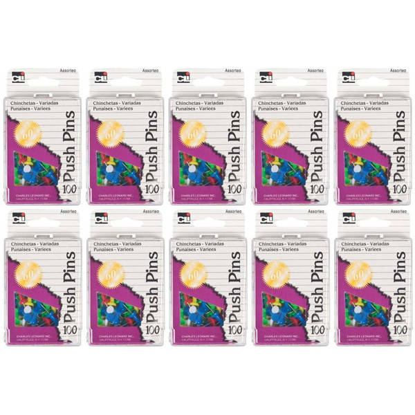 Charles Push Pins, Assorted Colors, 100 Per Box, 10 Boxes CHL200AR-10