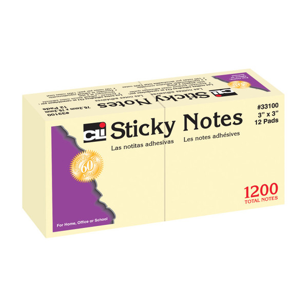 Charles Sticky Notes, 3 X 3 Inch, 100 Sheets/Pad, Yellow, 12 Pads CHL33100