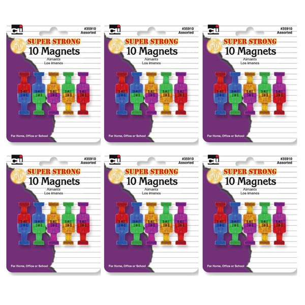 Charles Push Pin Style Super Strong Strength Magnets, Assorted Colors, 10 Per Pack, 6 Packs CHL35910-6
