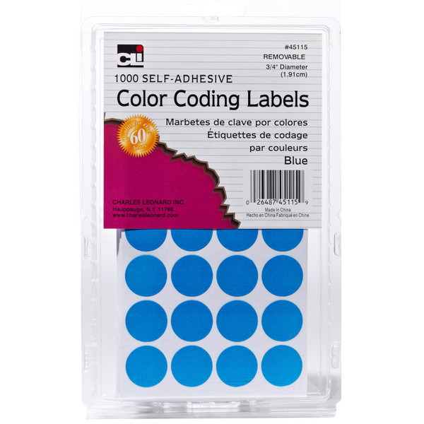 Charles Color Coding Dots, Self-Adhesive Labels, 0.75 Inch Diameter, Blue, Box Of 1000 CHL45115