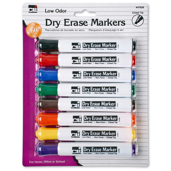 Charles Dry Erase Markers, Barrel Style, Low Odor, Chisel Tip, Assorted Colors, Pack Of 8 CHL47828