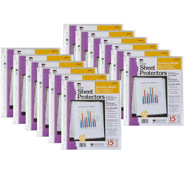 Charles Sheet Protectors, Economy Weight, Letter Size, Clear, 15 Per Packk, 12 Packs CHL48115-12