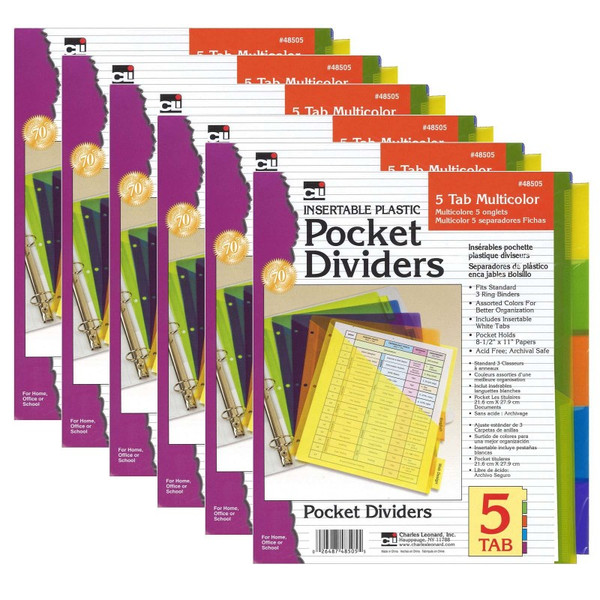 Charles Index Dividers With Pockets, 5-Tab, Assorted Colors, 5/Pack, 6 Packs CHL48505ST-6
