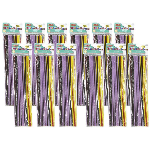 Charles Creative Arts Chenille Stems, 4 Mm/12", Assorted Colors, 100 Per Pack, 12 Packs CHL65400-12