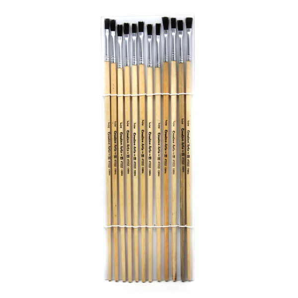 Charles Flat Tip Easel Paint Brushes With Long Handle, 0.25 Inch, Natural Handles And Black Bristles, 12/Pack CHL73525