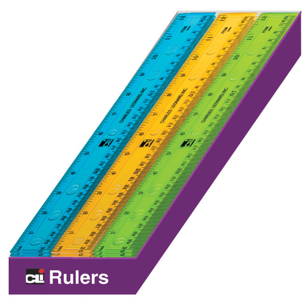 Charles Plastic 12" Ruler, Flat, Translucent Assorted Colors, Pack Of 36 CHL80336ST
