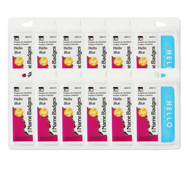 Charles Self-Adhesive Name Badges, Hello, Blue, 100 Per Pack, 12 Packs CHL93515-12