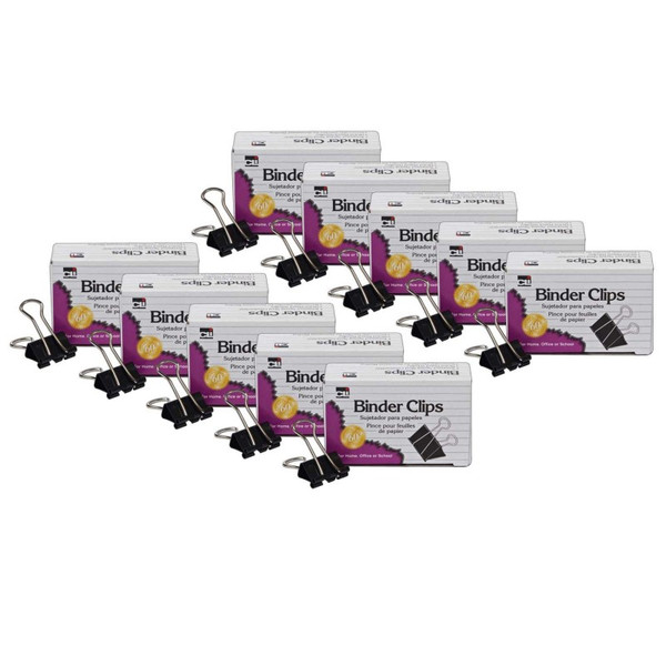 Charles Binder Clips, Large, 1" Capacity, Black/Silver, 12 Per Box, 10 Boxes CHLBC10-10