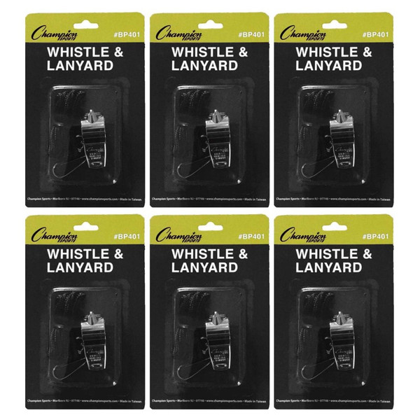 Champion Metal Whistle & Black Lanyard Pack, 6 Packs CHSBP401-6
