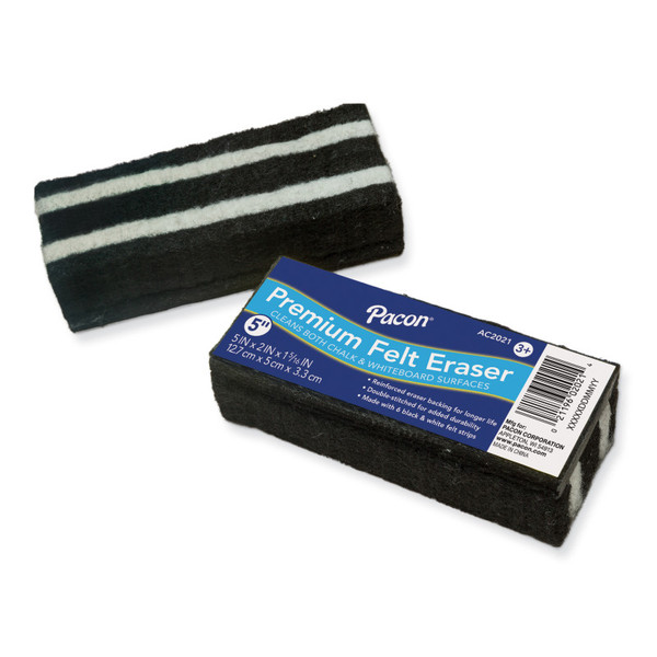 Pacon Chalk & Whiteboard Eraser, Premium, 6 Black & White Felt Strips, Double-Stitched, Reinforced Backing, 5", 1 Eraser CK-2021